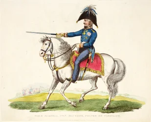 Maréchal de camp von Blücher, Prince de Wagstadt, publié par Richard Evans, gravé par Romney, illustration de An Historical Account of the Battle of Waterloo par William Mudford, 1816