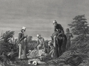 Retrouver les couleurs du 24e régiment après la bataille de Chillianwallah, vers 1850 (gravure)