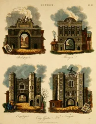 Quatre portes de la ville : Bishopsgate, Moorgate, Cripplegate et Newgate, gravé par J. Pass, publié par G. Jones