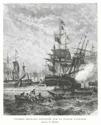 Navires de guerre français attaqués par une flotte britannique