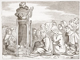 Frère prêchant depuis une chaire mobile, illustration de L