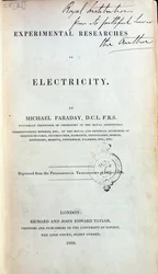 Frontispice pour Recherches expérimentales en électricité par Michael Faraday (1791-1867) publié en 1839