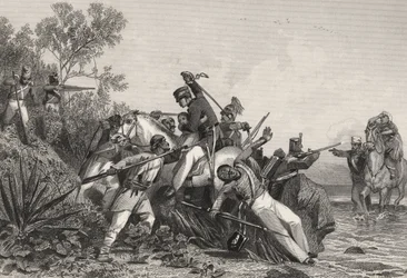 Officiers britanniques en fuite et leurs familles attaqués par les mutins, extrait de "The History of the Indian Mutiny", publié en 1858 (gravure)