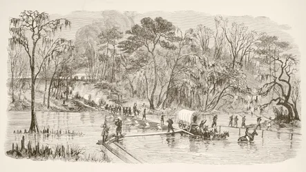 Les troupes du général Sherman traversant la rivière Edisto pendant la Marche vers la mer (lithographie)
