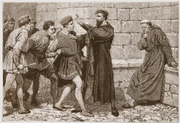 George Wishart se protégeant de son assassin potentiel, illustration tirée de « The History of Protestantism » de James Aitken Wylie (1808-1890), publié en 1878