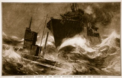 Sous-marin allemand éperonné par le destroyer britannique Badger au large de la côte belge, 1914-19