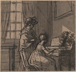 Fille au clavecin, vers 1800 (encre et lavis sur papier)