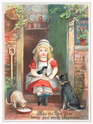 Fille assise sur le seuil avec des animaux de compagnie, carte de Nouvel An