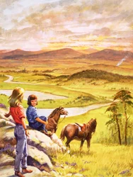Filles et poneys regardant la campagne (gouache sur papier)