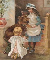 Filles toilettant leur chien