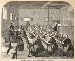 École de filles à la prison de Tothill Fields, illustration de The Criminal Prisons of London and Scenes from Prison Life par Henry Mayhew et John Binny, pub. 1862