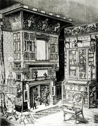 Cabinet gothique et cheminée richement décorée d
