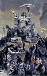 Dégénérescence grecque - Crésus sur le bûcher funéraire, illustration de The Illustrated History of the World, publiée vers 1880