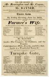 Affiche publicitaire pour une représentation unique de M. Rayner dans "La Femme du Fermier" et "Turnpike Gate" au Théâtre de Leeds