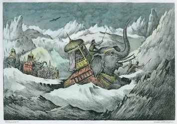Hannibal (247-c.183 av. J.-C.) et ses éléphants de guerre traversant les Alpes (coloration ultérieure)