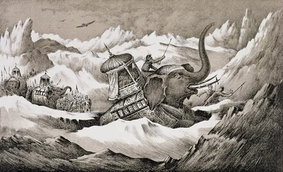 Hannibal (247-c.183 av. J.-C.) et ses éléphants de guerre traversant les Alpes