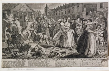 Lui et ses compagnons ivres provoquent une émeute à Covent Garden, 1735