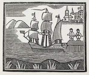 Il prend la mer pour son voyage événementiel, illustration de Chap-books du XVIIIe siècle par John Ashton, pub. 1882