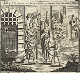 Henri IV empereur attendant 3 jours et nuits dans le gel et la neige pour être admis auprès du pape Grégoire, illustration des Actes et Monuments de John Foxe, neuvième édition, pub. 1684