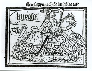 Ici commence le Conte du Chevalier, illustration des Contes de Canterbury de Geoffrey Chaucer (c.1345-1400) imprimé par William Caxton (c.1422-91) 1434
