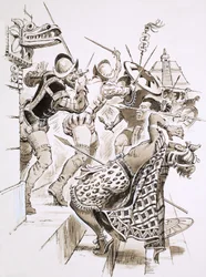 Hernando Cortes et ses soldats résistent aux attaques aztèques