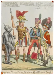 Héros en Conseil - ou une querelle militaire sur la tenue, vers 1820 (gravure en couleur)