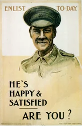 Il est heureux et satisfait - Et vous?, affiche de recrutement britannique de la Première Guerre mondiale, 1914-18