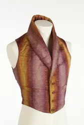 Gilet à col haut avec des rayures verticales tissées dans des couleurs dégradées de violet, bronze et jaune, c.1840