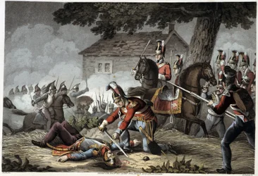 Garde à cheval sur le champ de bataille de Waterloo dans «Anecdotes historiques, militaires et navales et incidents arrivés aux armées britanniques et à leurs alliés, se terminant à Waterloo» par Edward Orme. Ill. par Fry, Sutherland, Clark, Dubourg, W.Hea