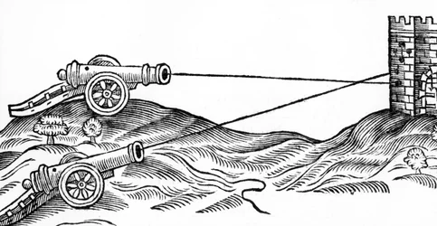 Illustration du tir de canon dans The Art of Gunnery par Thomas Smith (fl.1600-27), 1628