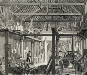 Vue intérieure de la maison de réunion de John Bunyan à Zoar Street, Gravel Lane, Southwark, utilisée comme atelier et scierie, c.1822