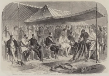 Entrevue à Sealkote, le 9 mars, entre le Maharajah Rumbeer Singh de Cachemire et Son Excellence Lord Canning (gravure)