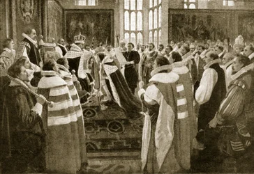 Jacques Ier investit son fils Charles comme prince de Galles, 1616, illustration de Hutchinsons Story of the British Nation, c.1923