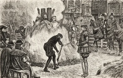 John Bland, John Frankesh, Nicholas Sheterden et Humphrey Middleton brûlés vifs pour hérésie au 16ème siècle, vers 1865 (gravure sur bois)