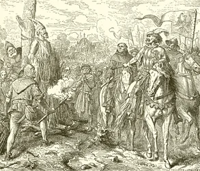 Jean Huss, au bûcher, sommé de se rétracter