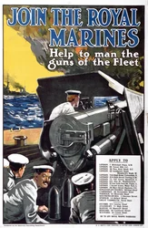 Rejoignez les Royal Marines - Aidez à armer les canons de la flotte, affiche de recrutement de la Première Guerre mondiale