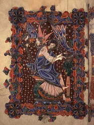 Lat 14782 f.16v Saint Matthieu écrivant son évangile, c.1080 (vélin)