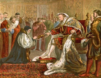 Latimer présentant la bible à Henri VIII (gravure en couleur)