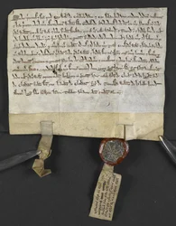 Acte en latin avec quitclaim en hébreu (joint au sceau), par Jacob ben Aaron cédant une terre à William le Briel. Angleterre