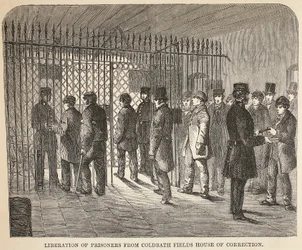 Libération des prisonniers de la maison de correction de Coldbath Fields, illustration de The Criminal Prisons of London and Scenes from Prison Life par Henry Mayhew et John Binny, pub. 1862