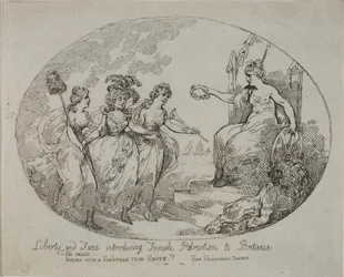 Liberté et renommée introduisant le patriotisme féminin ; Britannia et la duchesse de Devonshire (gravure)