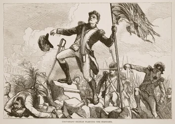 Lieutenant Graham plantant le drapeau, illustration de Cassells Illustrated History of India par James Grant, pub. 1879