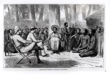 Réception du lieutenant Verney Lovett Cameron (1844-94) par Katende, gravée par Horace Harral