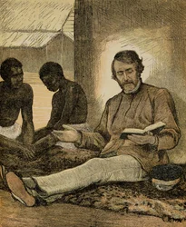 Livingstone lisant la Bible (gravure en couleur)