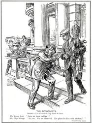 Lloyd George et Bonar Law au Club de Golf de la Coalition, craignant la ligue Anti-Gaspillage, doivent renoncer au luxe des caddies. Décembre 1920