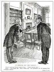 Lloyd George entre dans une salle de cabinet vide de ministres occupés à écrire des articles pour les journaux, août 1920