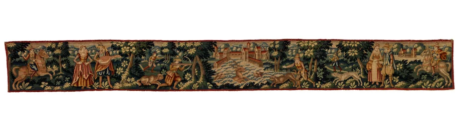 Longue bande de tapisserie représentant des figures à cheval, à pied et chassant, c.1600