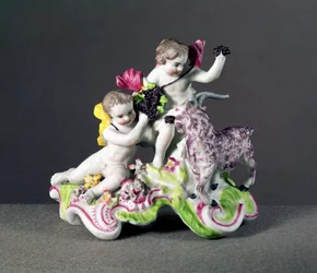 Groupe de Longton Hall, deux putti avec une chèvre, vers 1755