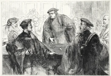 Luther et Zwingle discutant à Marbourg, illustration de L