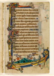 Un chien et un lapin en joute, décoration marginale du Psautier de Macclesfield, Usage de Sarum, East Anglia, vers 1330